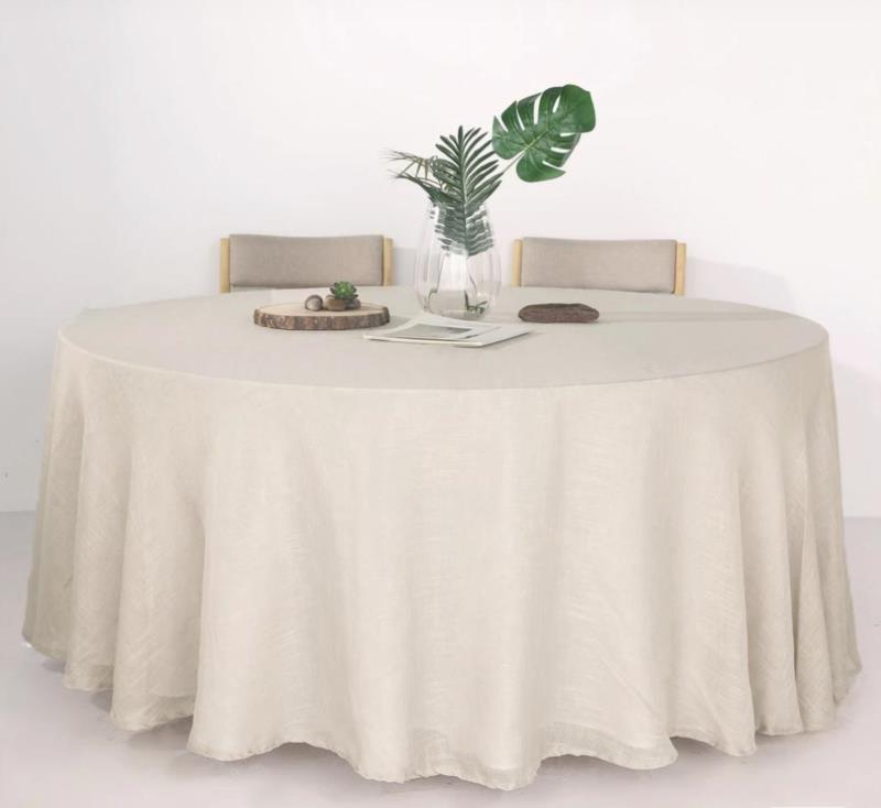 120 in. Beige Linen Round Tablecloth<br>$18 each