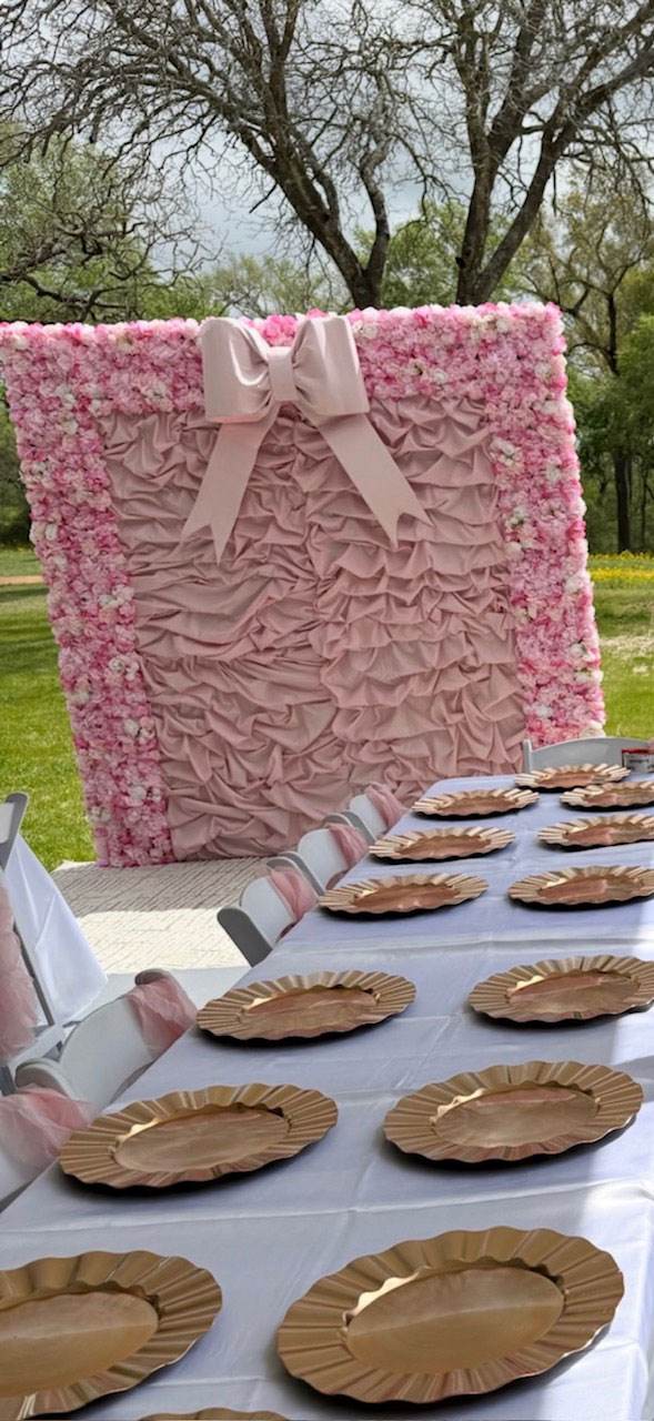 Pink Ruffle & Floral Bow Backdrop - $275